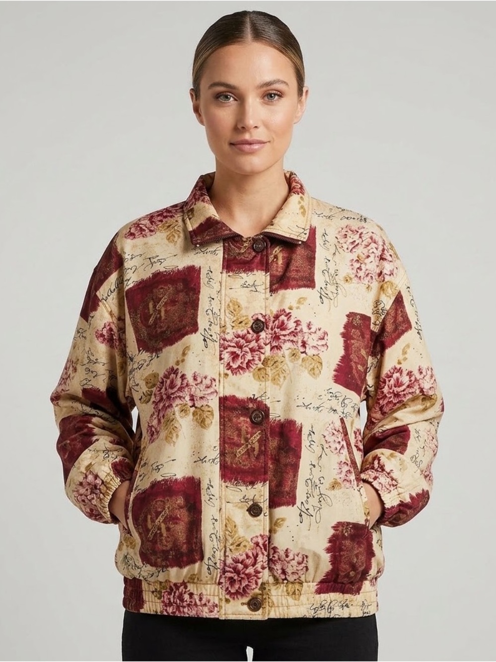 Vintage Stunt Sports 90s Silk Floral Harrington Bomber Jacket Burgundy Beige L